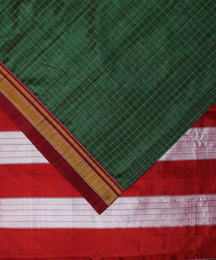 Dark green red handloom cotton art silk chikki paras border ilkal sari