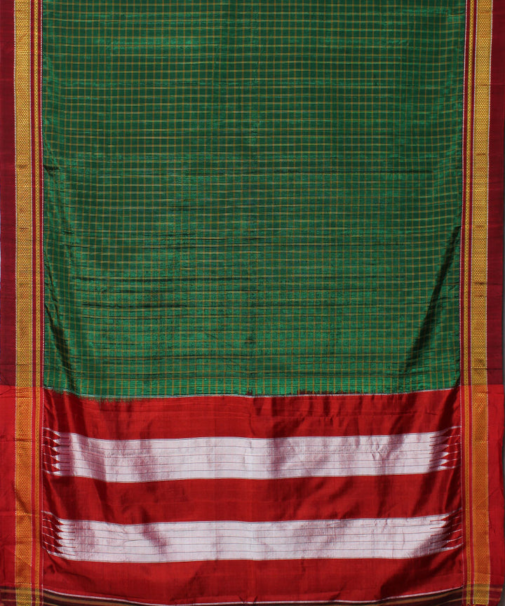 Dark green red handloom cotton art silk chikki paras border ilkal sari