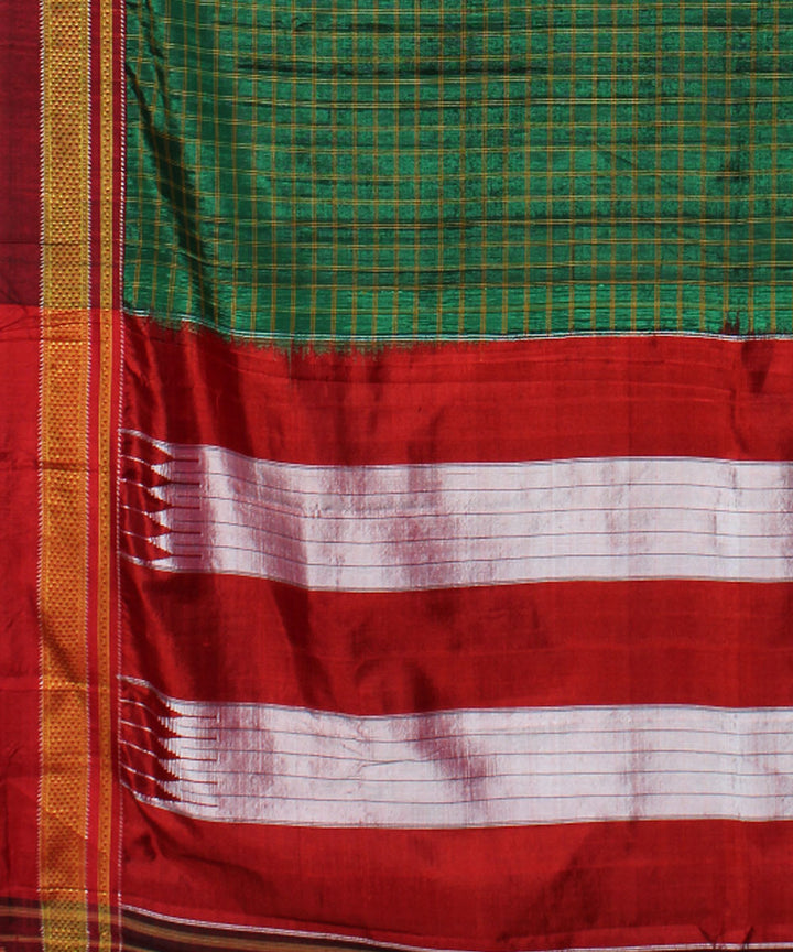 Dark green red handloom cotton art silk chikki paras border ilkal sari
