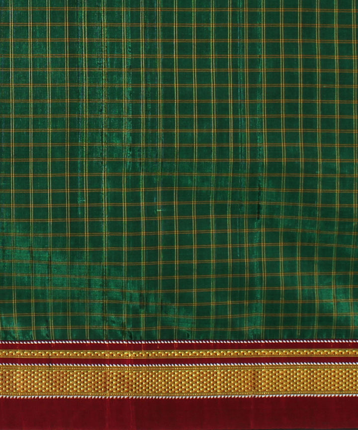 Dark green red handloom cotton art silk chikki paras border ilkal sari