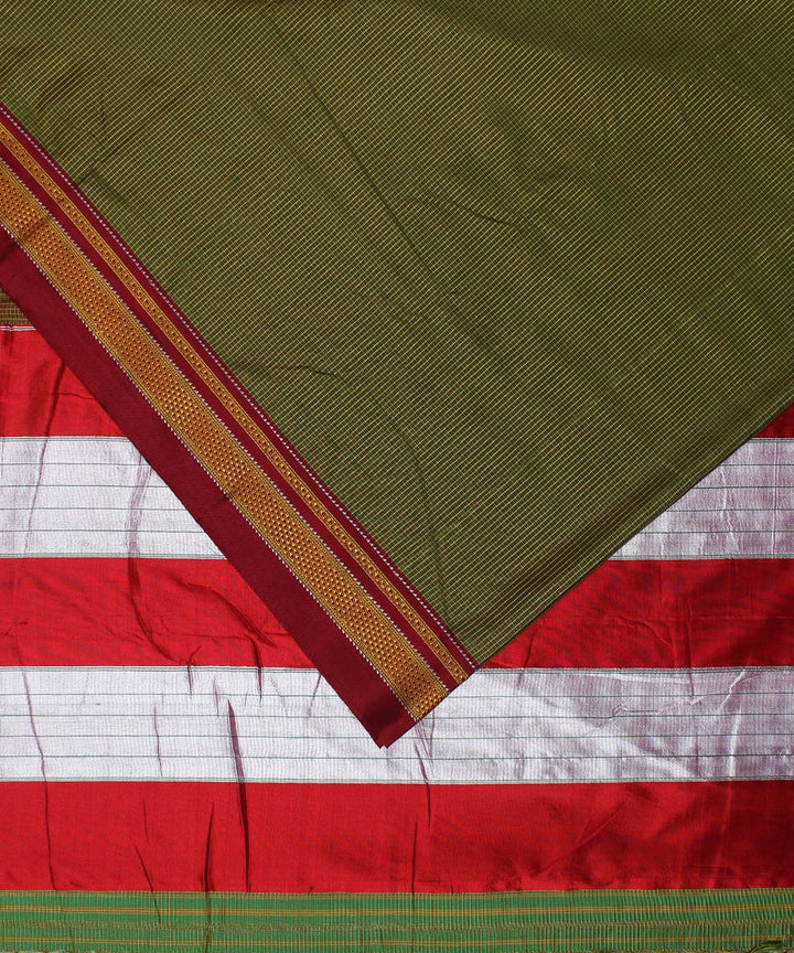 Olive green red handloom cotton art silk chikki paras ilkal sari