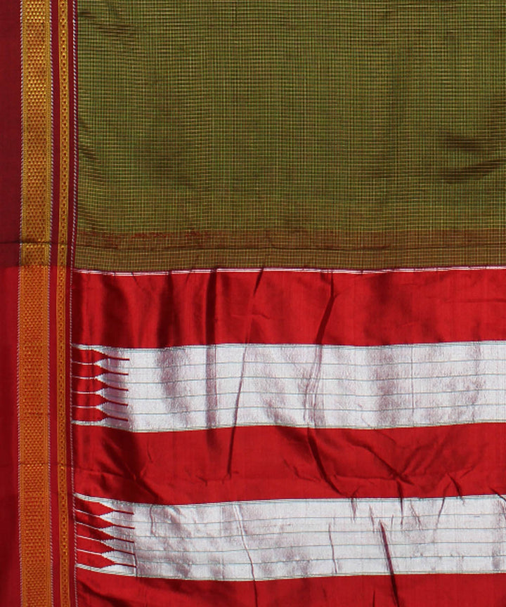 Olive green red handloom cotton art silk chikki paras ilkal sari