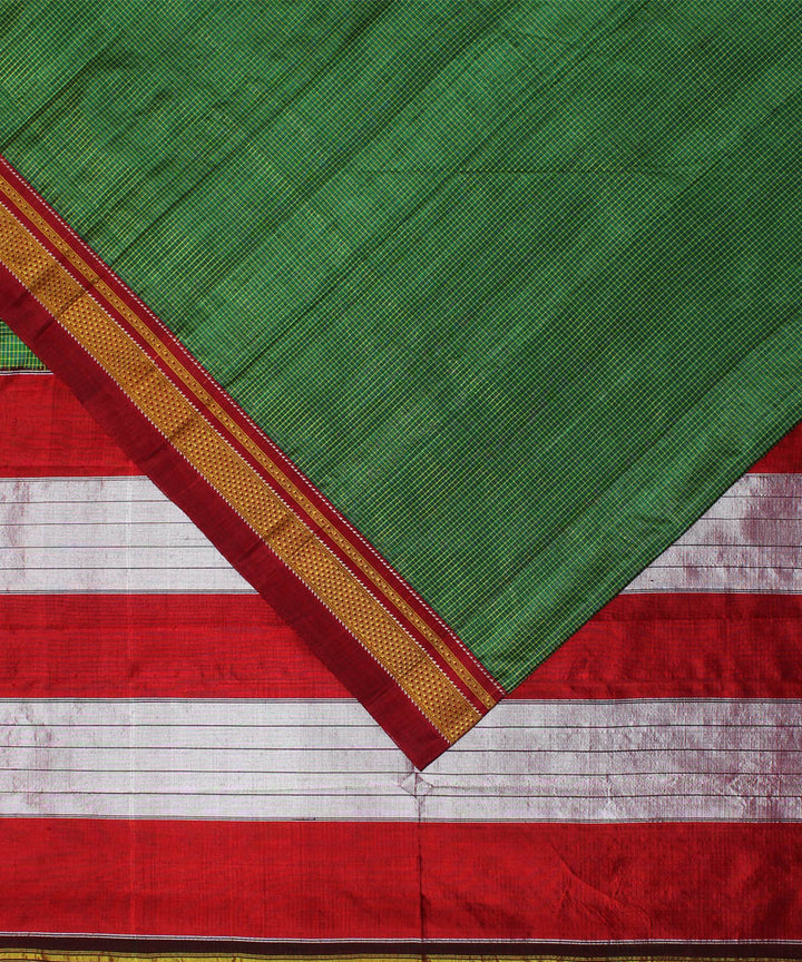 Moss green red handloom cotton art silk chikki paras border ilkal sari
