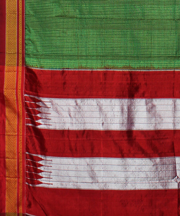 Moss green red handloom cotton art silk chikki paras border ilkal sari