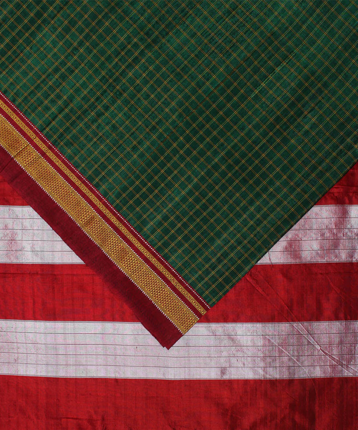 Moss green red handloom cotton art silk chikki paras border ilkal sari