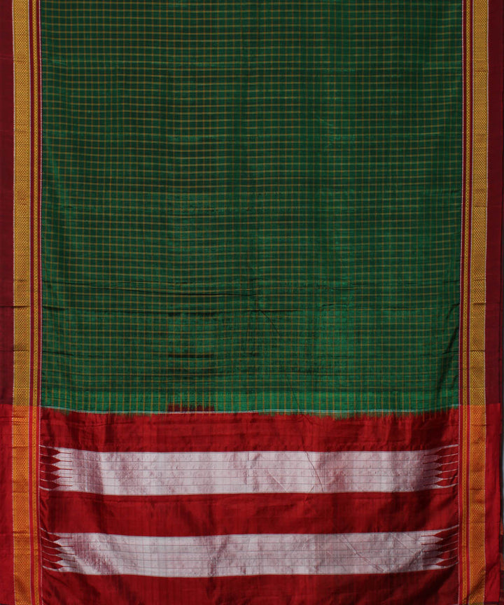 Moss green red handloom cotton art silk chikki paras border ilkal sari