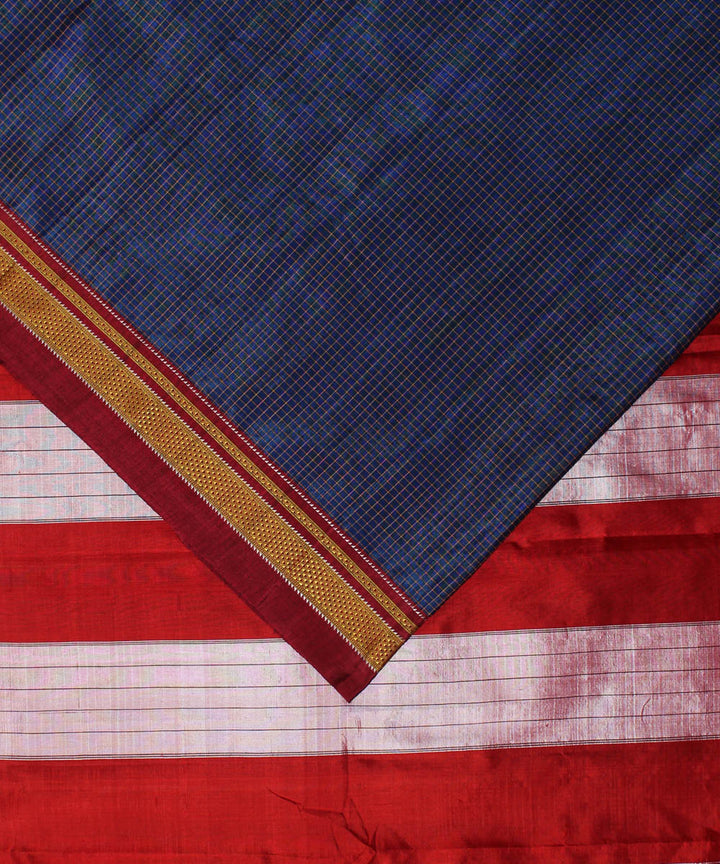 Navy red handwoven cotton art silk chikki paras border ilkal sari
