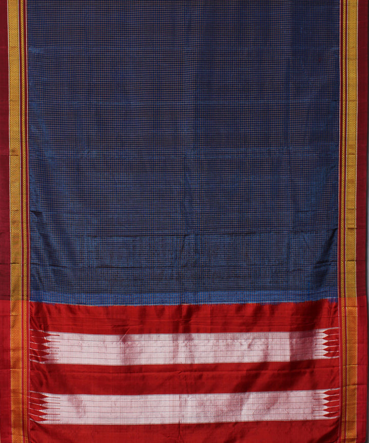 Navy red handwoven cotton art silk chikki paras border ilkal sari