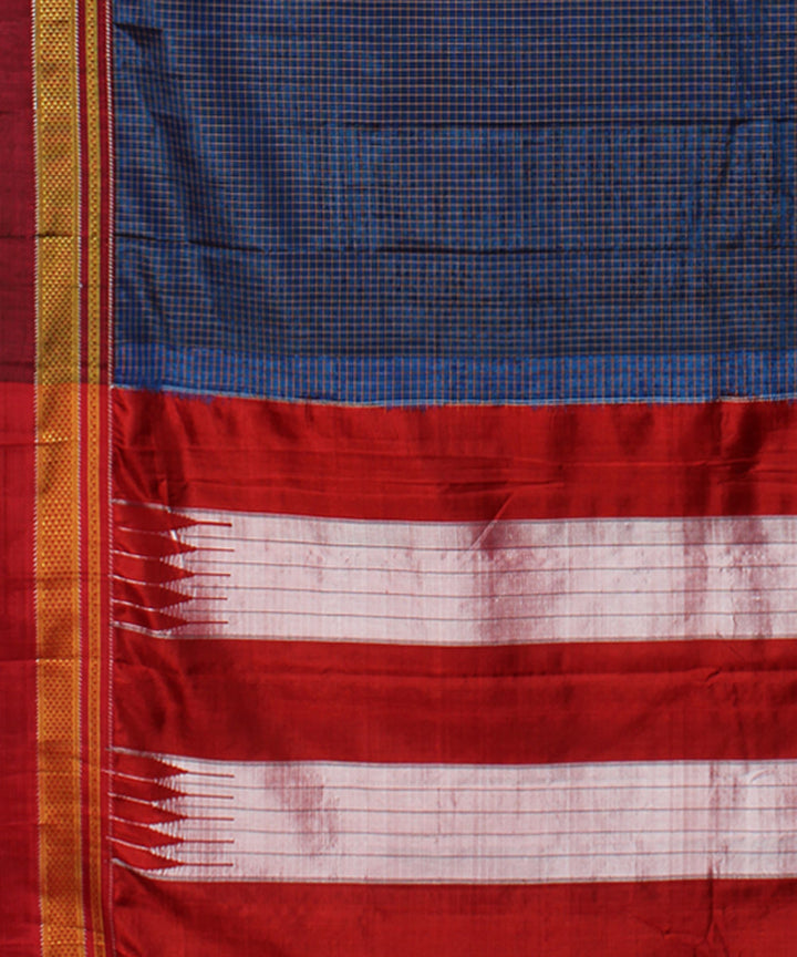 Navy red handwoven cotton art silk chikki paras border ilkal sari