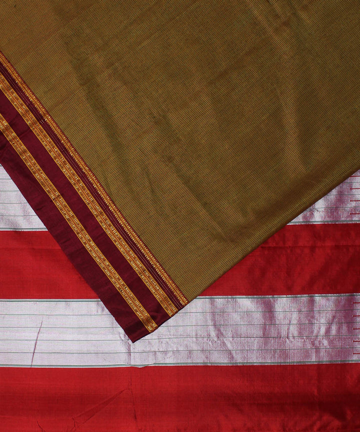 Brown red handwoven cotton art silk gayatri border ilkal sari