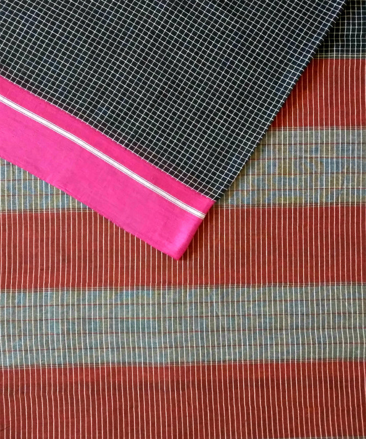Black with pink orange borders handwoven cotton patteda anchu saree