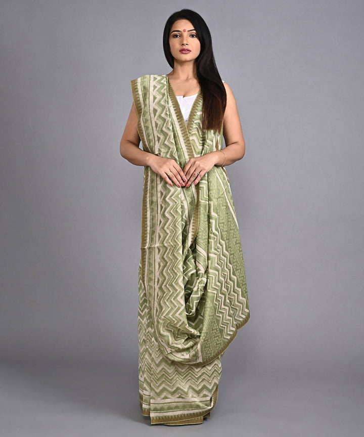 Green cotton silk hand block printed saree with matching blouse