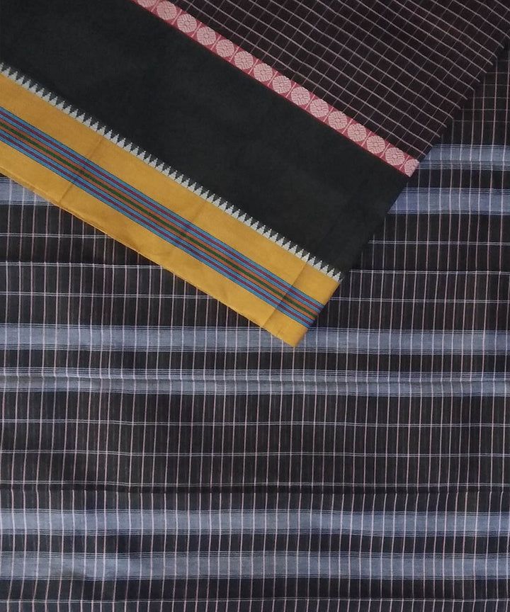 Dark brown yellow handwoven cotton narayanapet saree