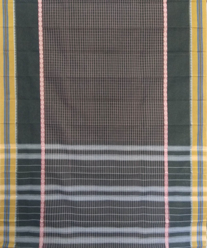 Dark brown yellow handwoven cotton narayanapet saree
