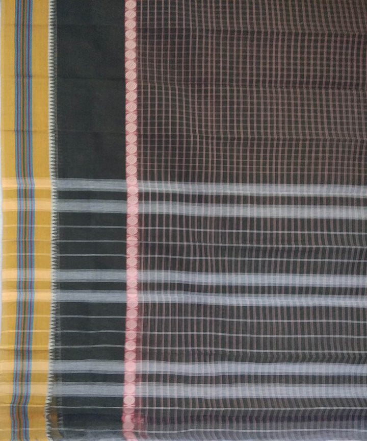 Dark brown yellow handwoven cotton narayanapet saree