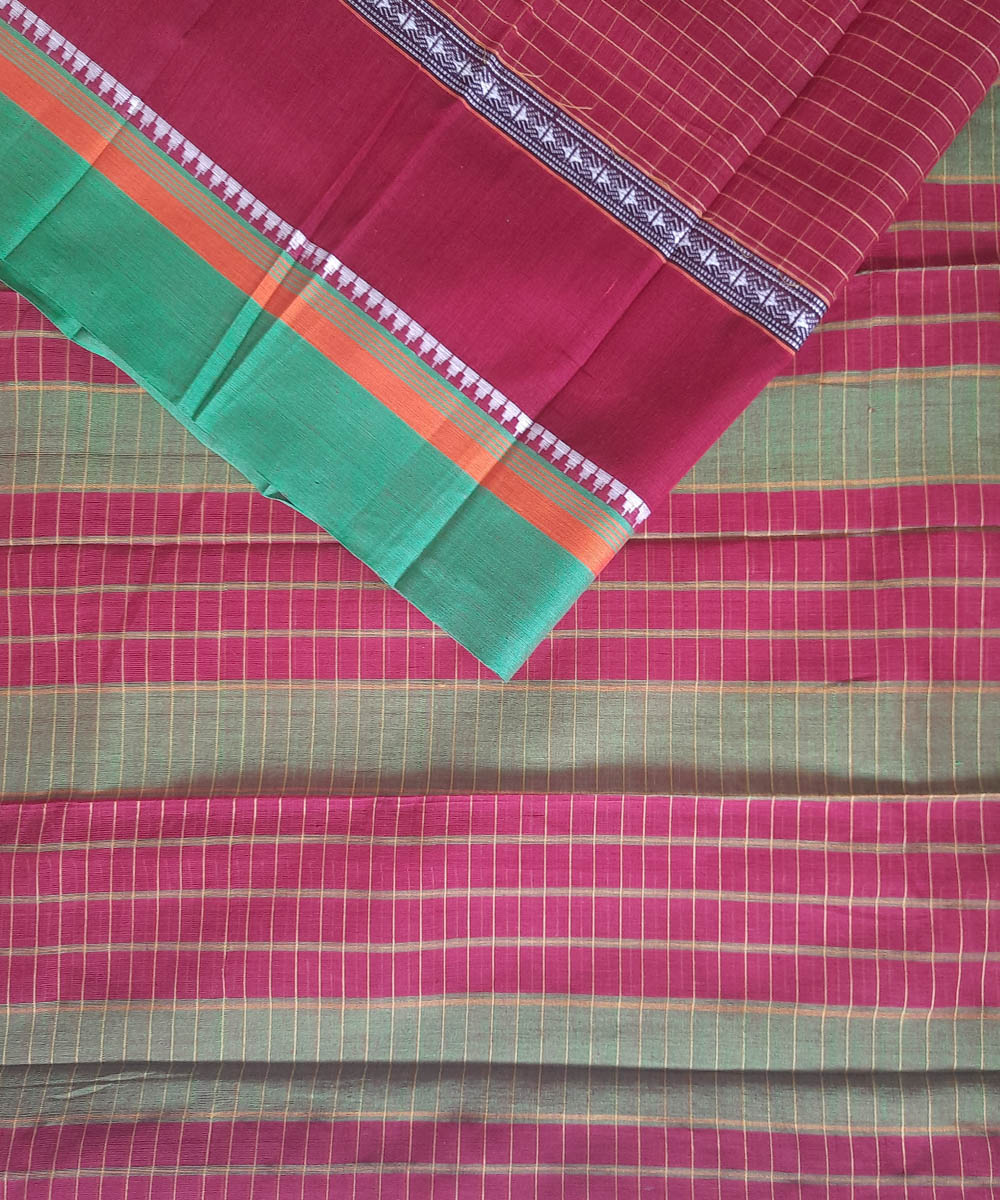 Maroon and green cotton handwoven narayanpet saree
