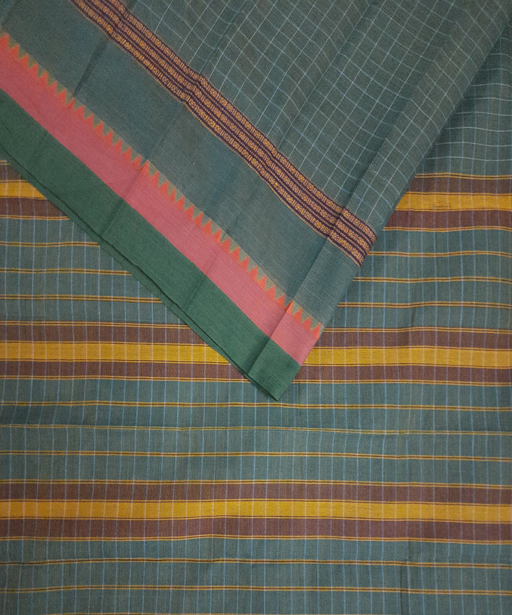 Olive green yellow handwoven cotton narayanpet saree