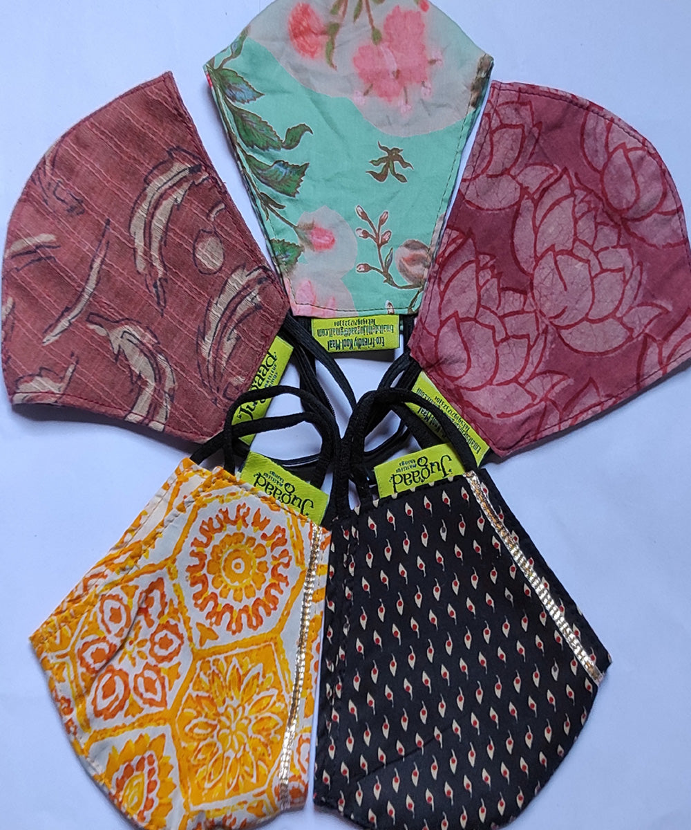 Multicolor hand block print cotton face mask set of 5