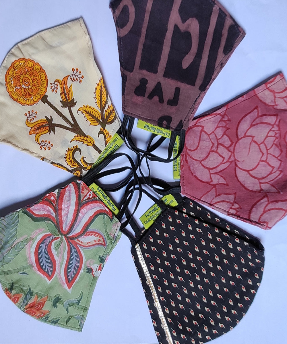 Multicolor handblock printed cotton face mask set of 5