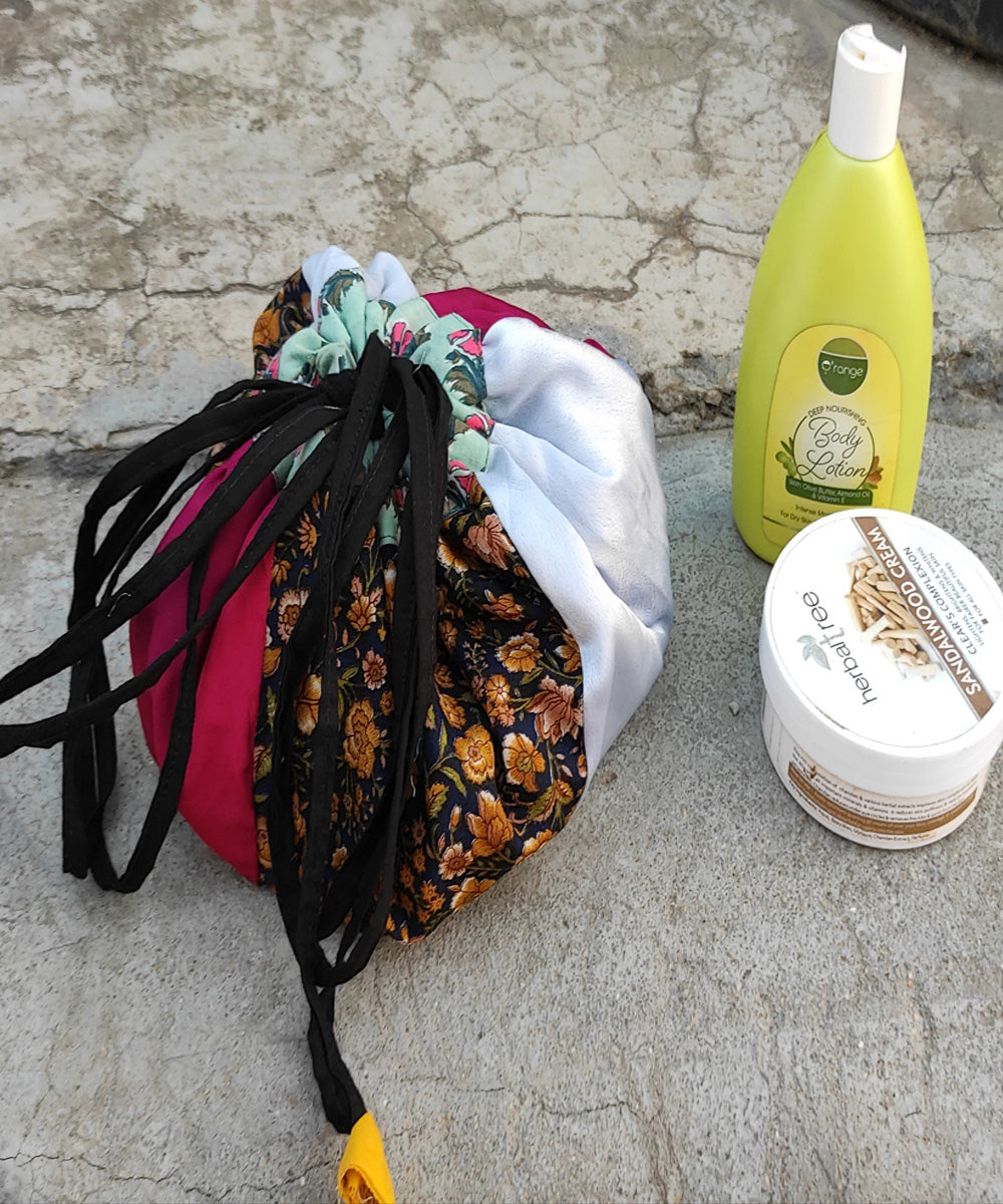Handcrafted multicolour cotton silk makeup pouch