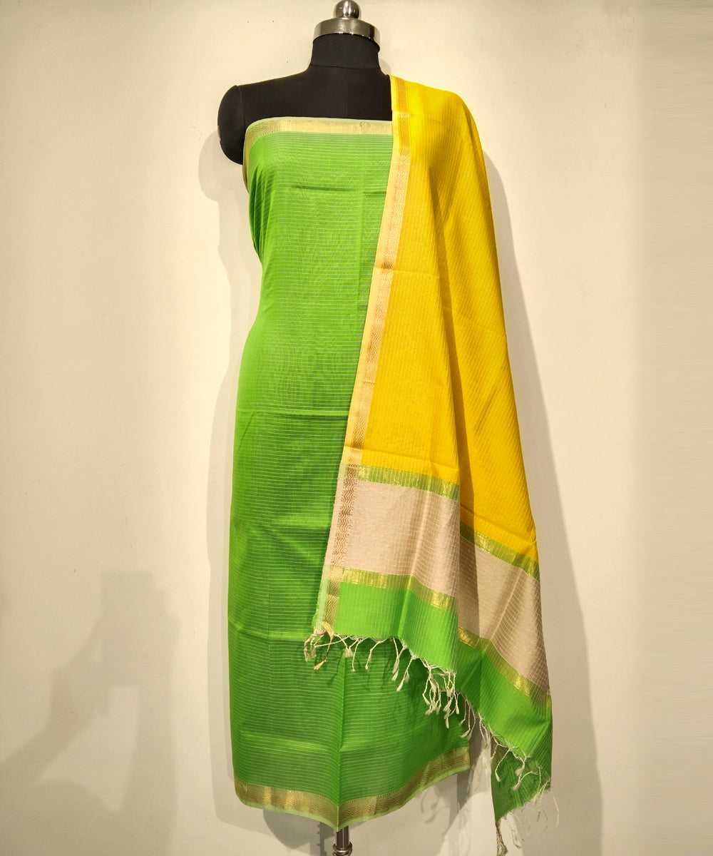 2pc Light green yellow handloom cotton silk maheshwari dress material – GoSwadeshi