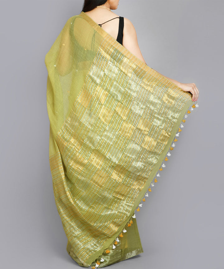 Kiara crafts olive green handwoven cotton saree