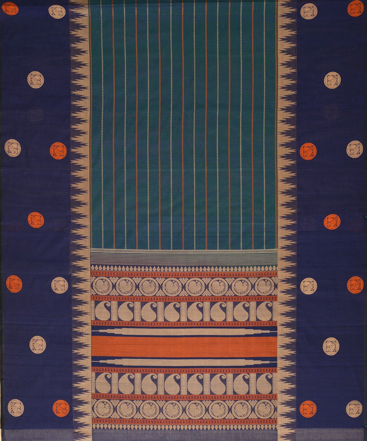 Cyan Blue Dark blue stripes Cotton Handwoven Kanchi Saree