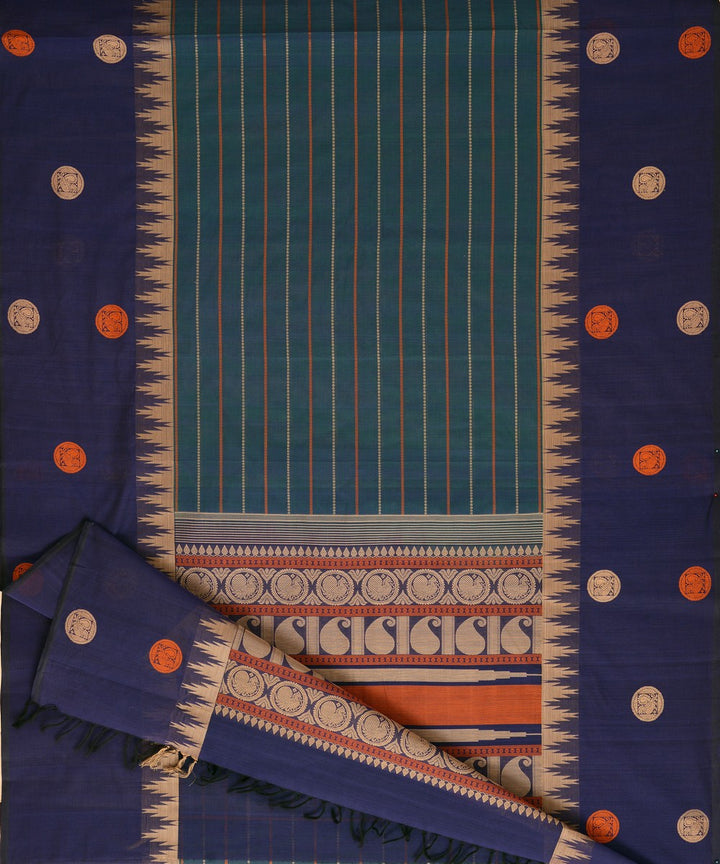 Cyan Blue Dark blue stripes Cotton Handwoven Kanchi Saree