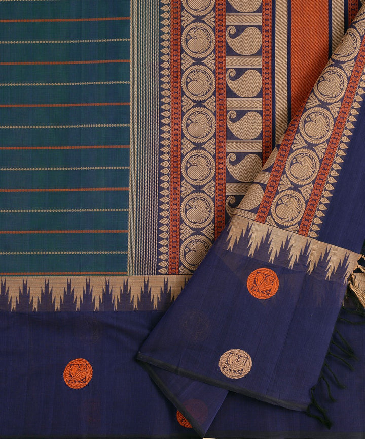 Cyan Blue Dark blue stripes Cotton Handwoven Kanchi Saree