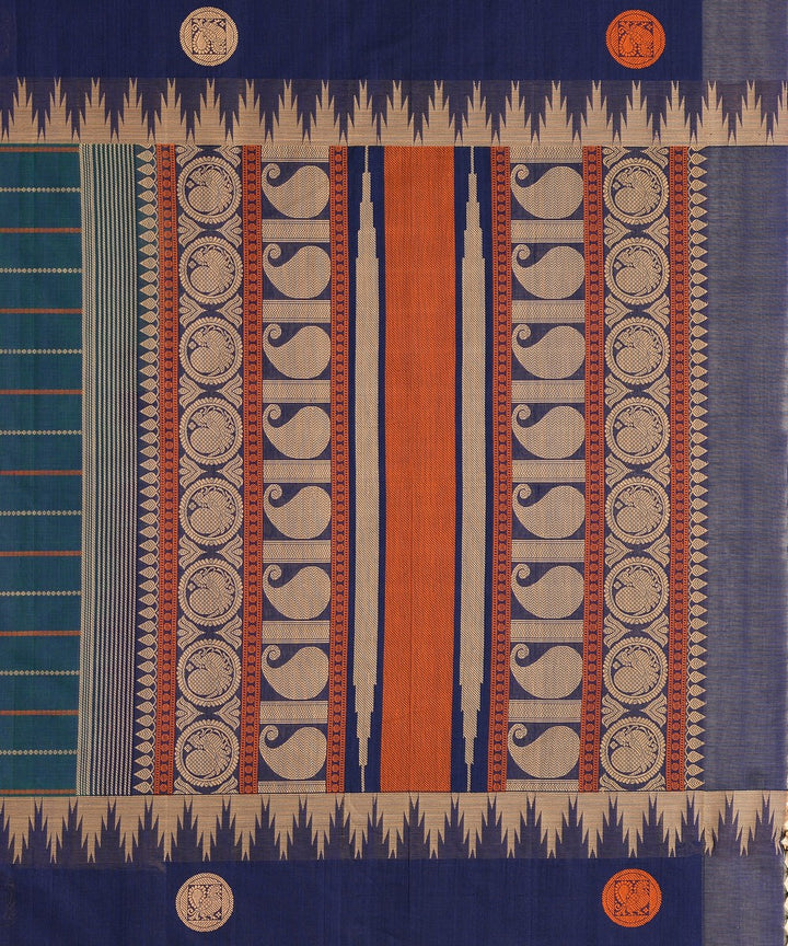 Cyan Blue Dark blue stripes Cotton Handwoven Kanchi Saree