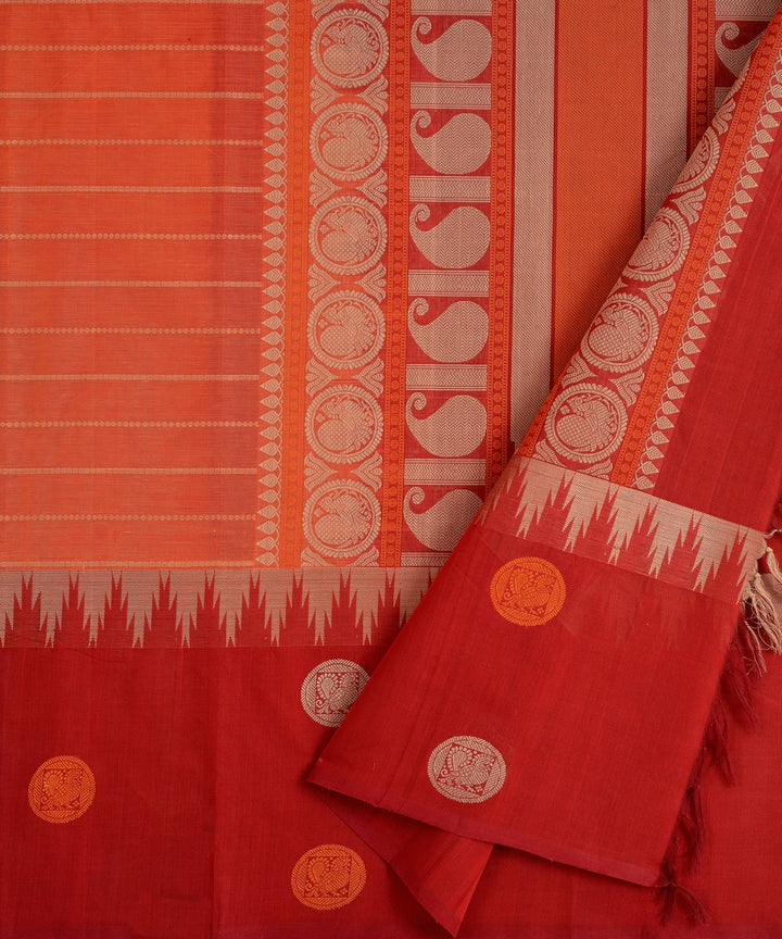 Orange Red Cotton Handwoven Kanchi Saree