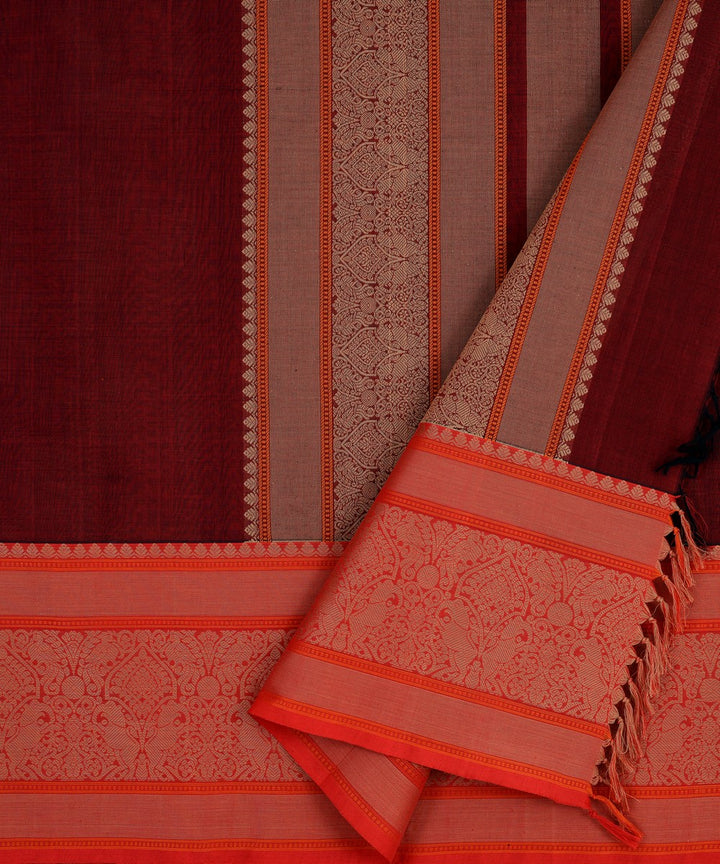 Maroon Red Cotton Handwoven Kanchi Saree