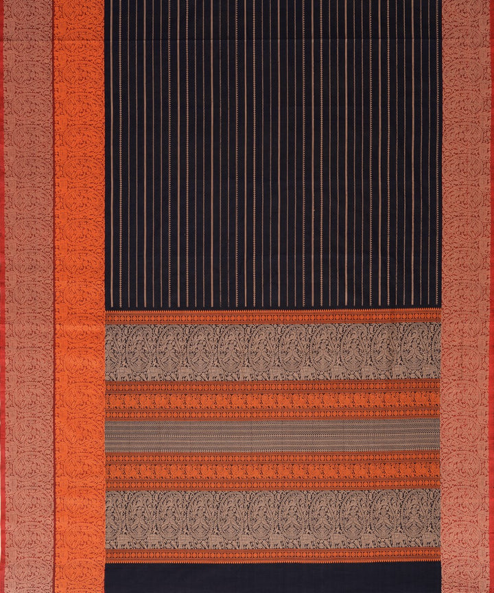 Black Orange Maroon Cotton Handwoven Kanchi Saree