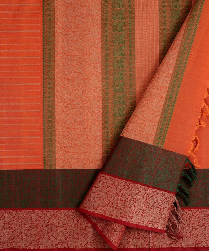 Orange Green maroon Cotton Handwoven Kanchi Saree