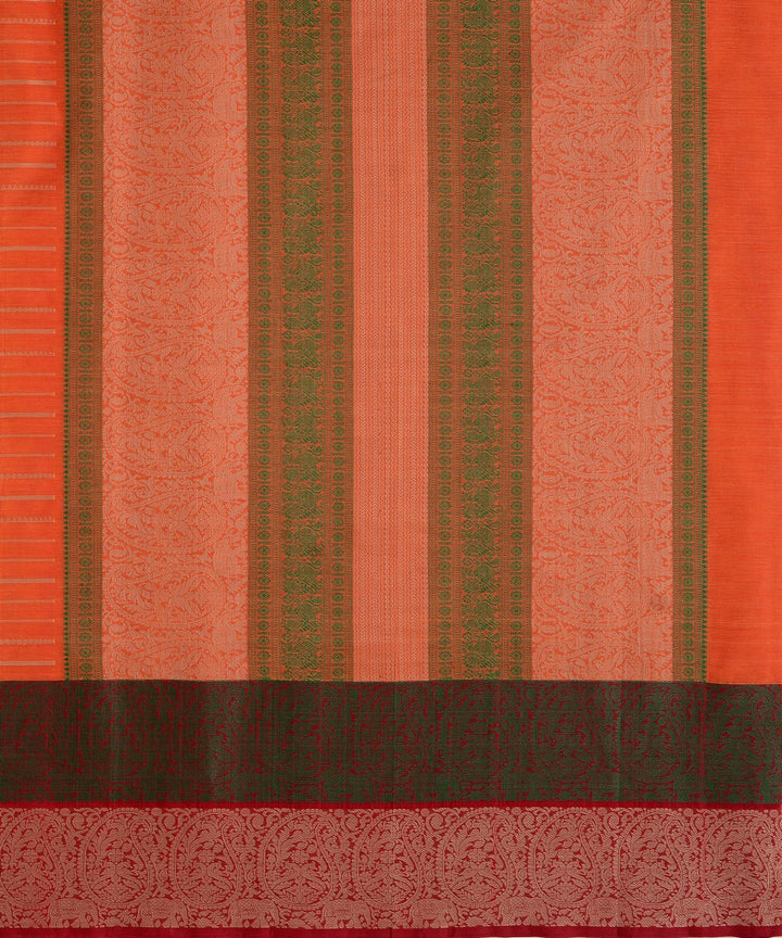 Orange Green maroon Cotton Handwoven Kanchi Saree