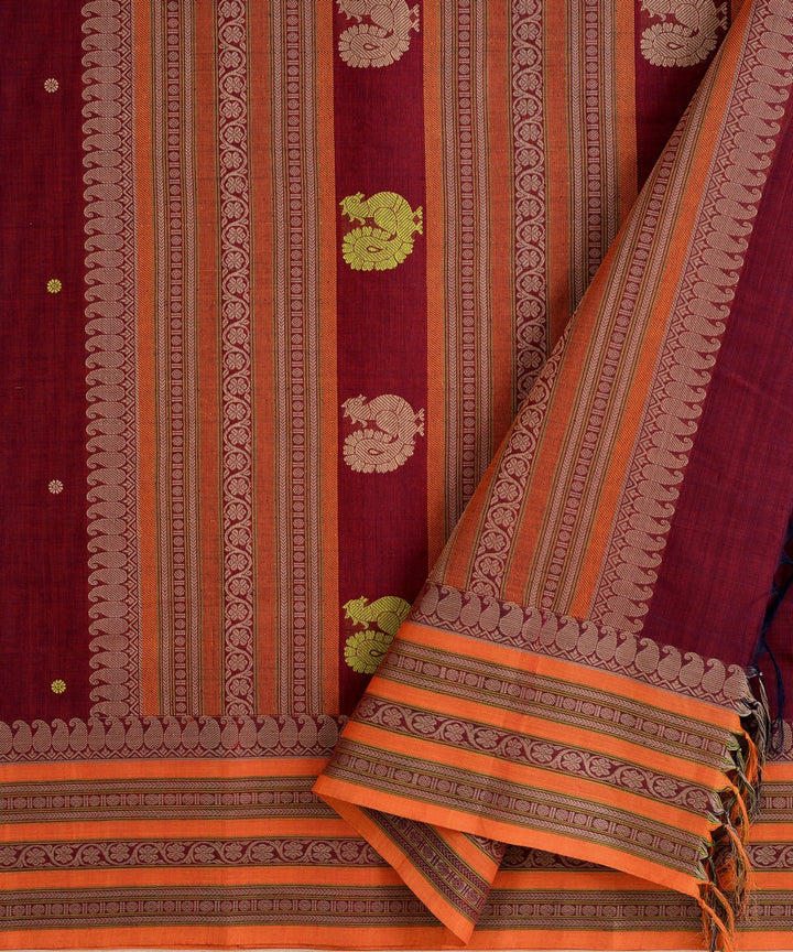 Wine maroon Cotton Handwoven Kanchi Saree