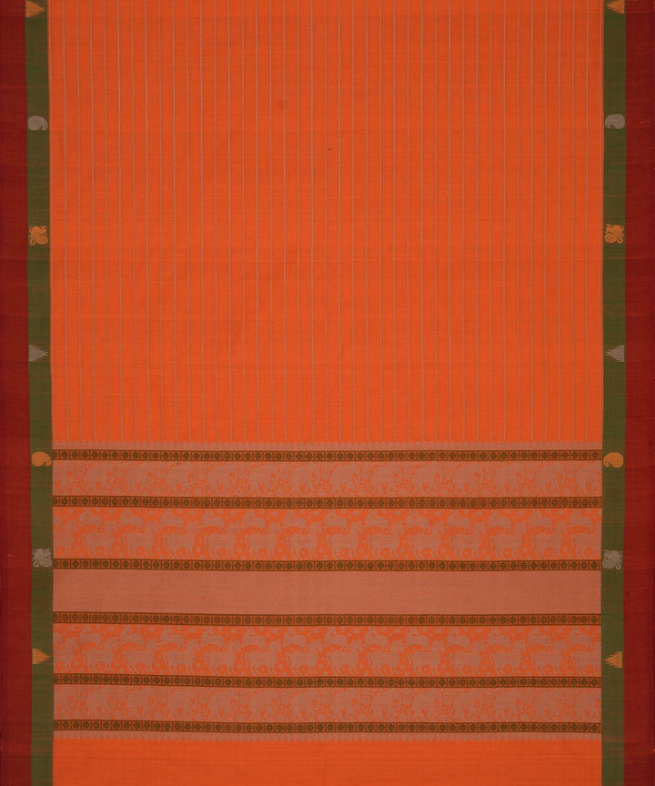 Orange green maroon Cotton Handwoven Kanchi Saree