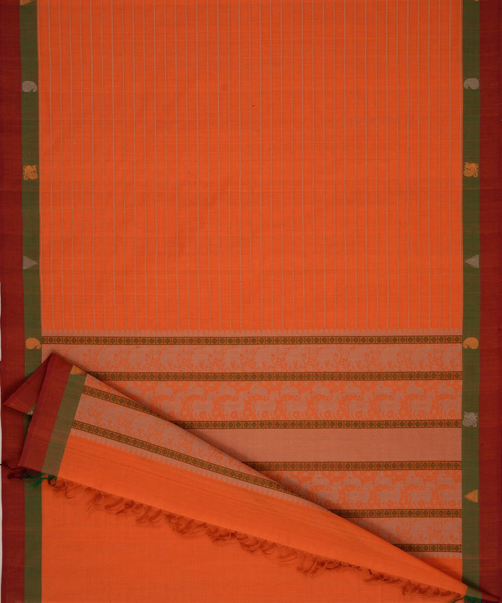 Orange green maroon Cotton Handwoven Kanchi Saree