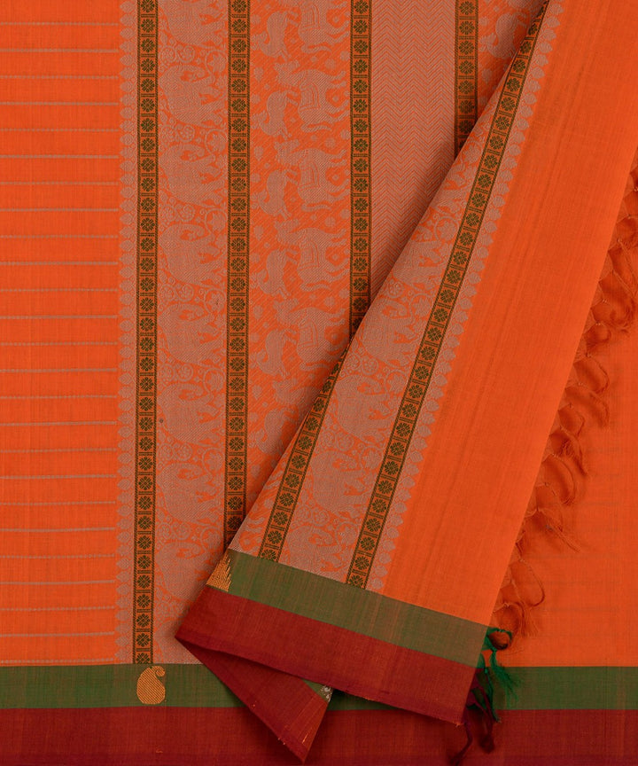 Orange green maroon Cotton Handwoven Kanchi Saree