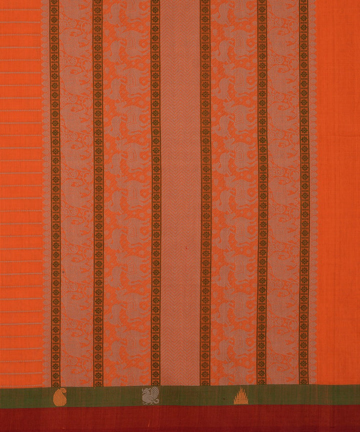 Orange green maroon Cotton Handwoven Kanchi Saree
