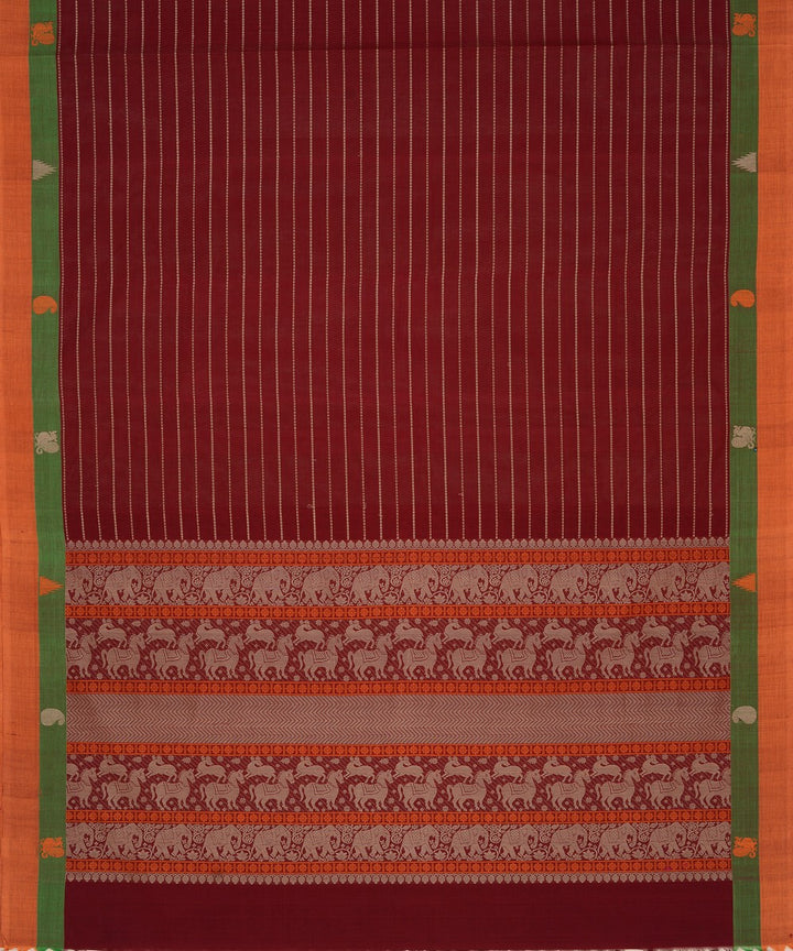 Maroon Green orange Cotton Handwoven Kanchi Saree