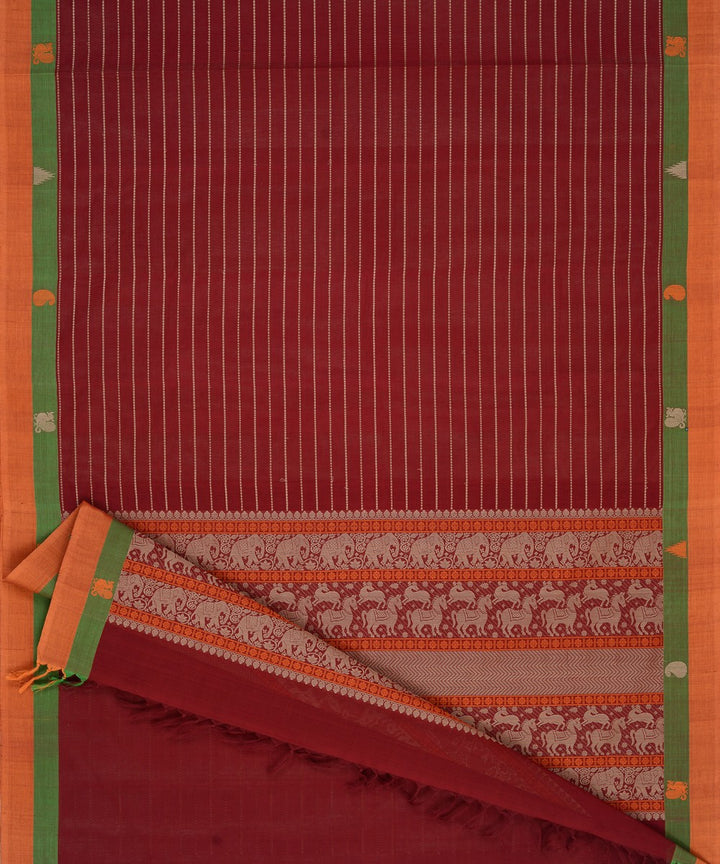Maroon Green orange Cotton Handwoven Kanchi Saree