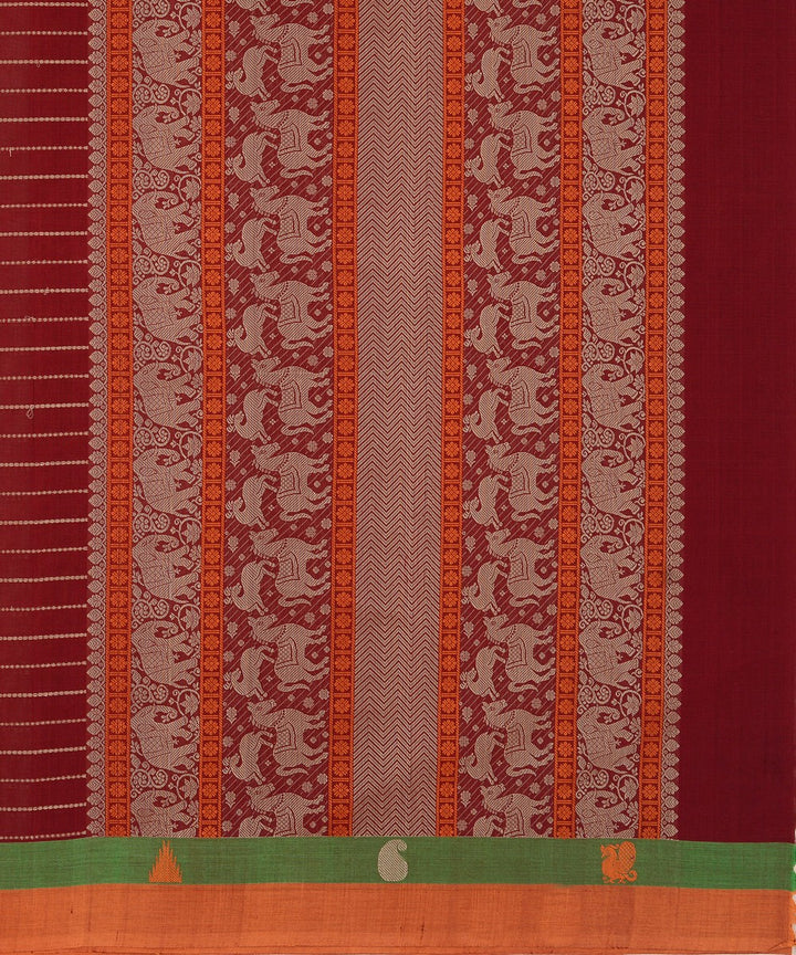 Maroon Green orange Cotton Handwoven Kanchi Saree