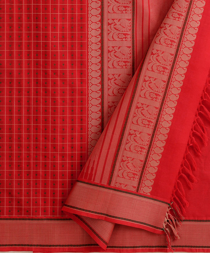 Red Beige Cotton Handwoven laksha deepam Kanchi Saree