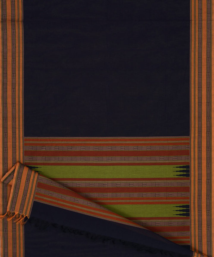 Midnight Blue Beige Cotton Handwoven Kanchi Saree