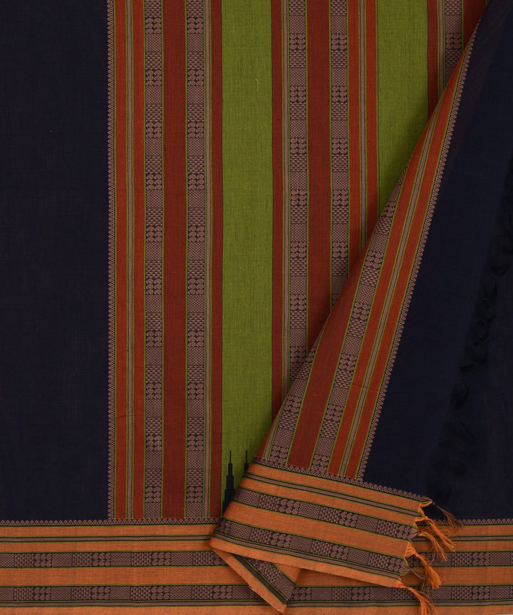 Midnight Blue Beige Cotton Handwoven Kanchi Saree