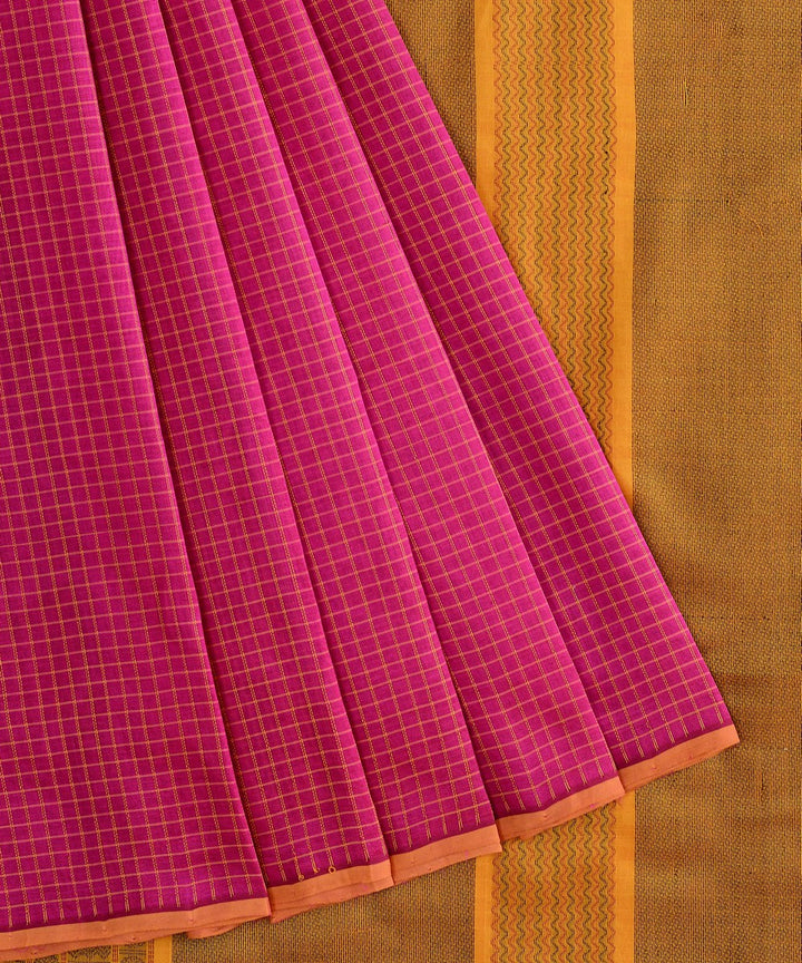 Pink handwoven cotton silk podikattam kanchi saree