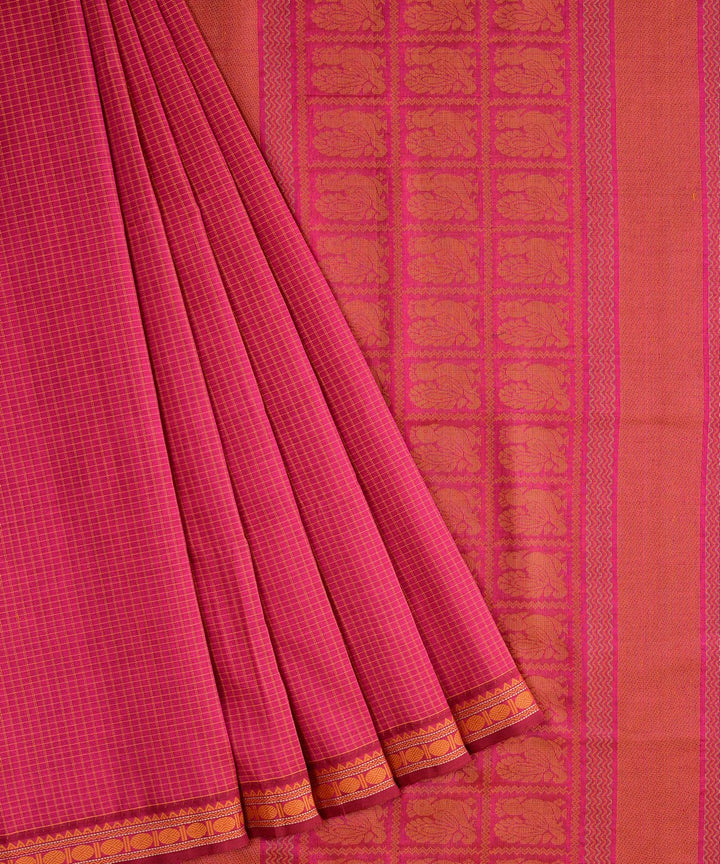 Rose pink handwoven cotton silk podikattam kanchi saree