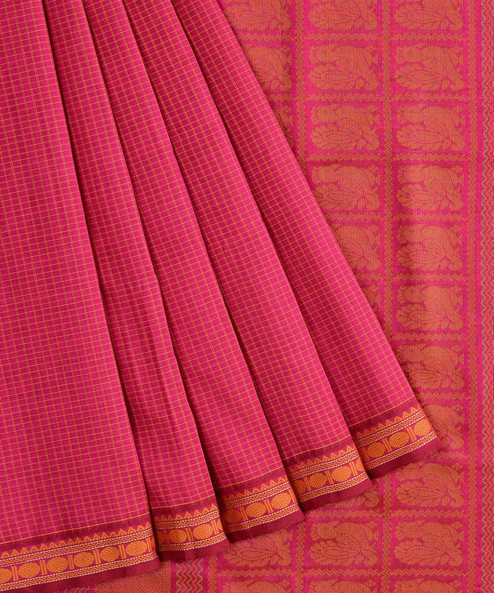 Rose pink handwoven cotton silk podikattam kanchi saree