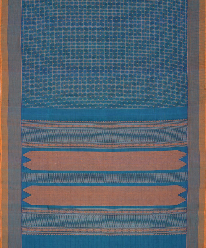Cyan blue handwoven cotton silk lakshadeepam kanchi saree